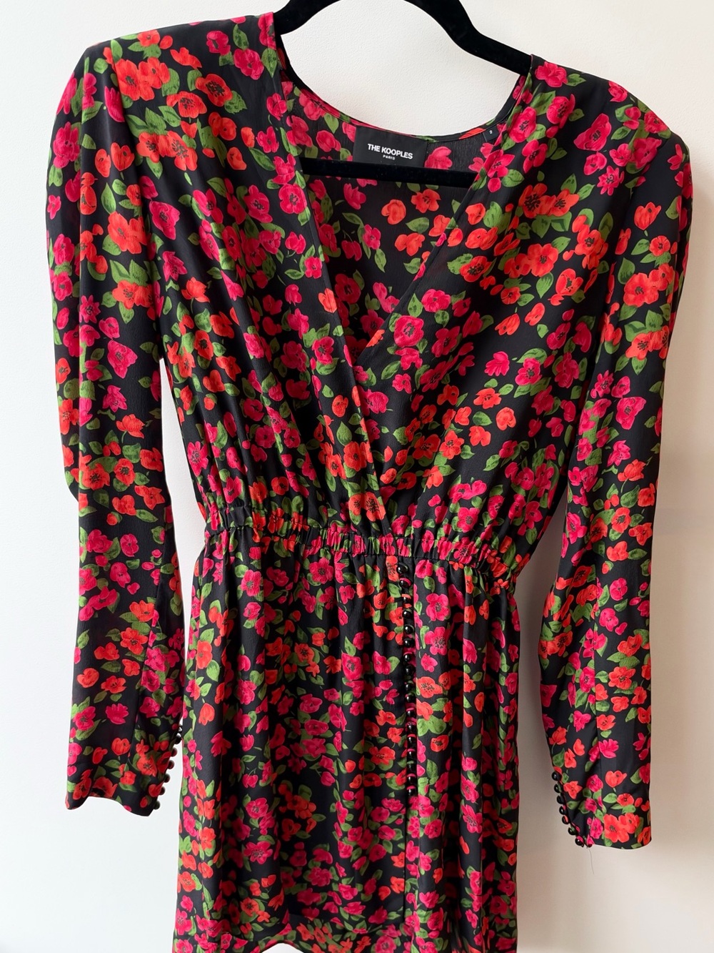 The Kooples Black Floral V-Neck dress with Pink & Red Flowers